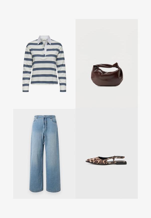 Poloshirt met lange mouwen, witte basis met marineblauwe en lichtblauwe horizontale strepen. Opvallende witte kraag en zachte katoenen textuur.; Lichtblauwe denim wijde pijpen jeans met een hoge taille, voorzien van voorzakken, een strikriem en een vervaagde textuur.; Leopardprint platte slingback-schoen met spitse neus, open zijkanten en kleine zwarte hak. Materiaal lijkt glad met een lichte glans.; Donkerbruine leren schoudertas met een zachte, slungelige vorm en een gedraaide knoopvormige handgreep op een effen witte achtergrond.