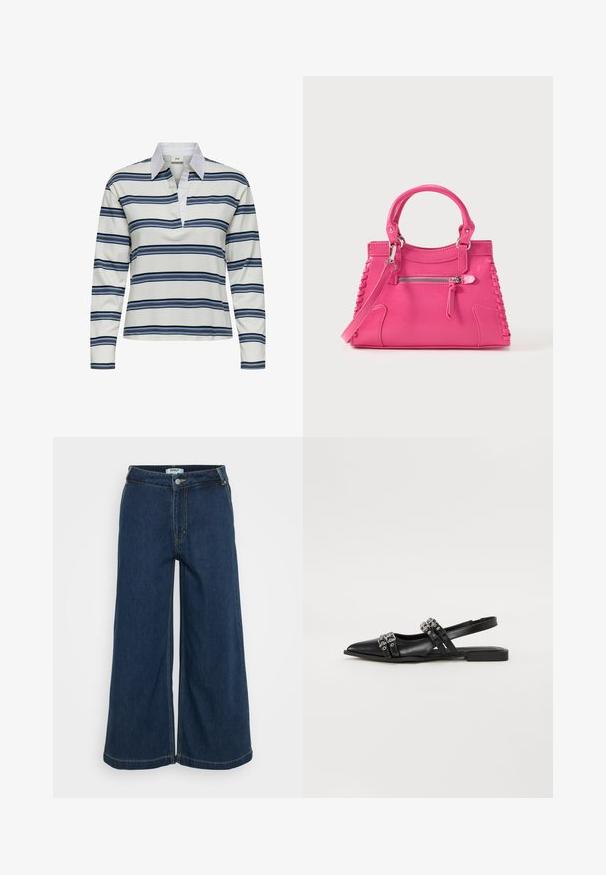Polo de manga larga con base blanca y franjas horizontales en azul marino y azul claro. Destaca el cuello blanco y su textura suave de algodón.; Pantalones de mezclilla de pierna ancha en azul oscuro. Cuenta con un cierre de botón, cinco bolsillos, costuras ligeras y una textura suave.; Even&Odd by Zalando Bailarinas con tira trasera - black; Bolso de piel rosa con dos asas, cordones decorativos en los laterales y un bolsillo delantero con cremallera. Textura suave y forma estructurada.