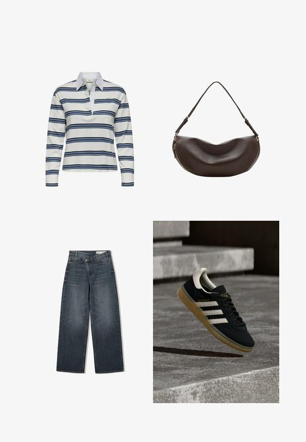 Poloshirt met lange mouwen, witte basis met marineblauwe en lichtblauwe horizontale strepen. Opvallende witte kraag en zachte katoenen textuur.; Donker gewassen spijkerbroek met een wijde pijpdesign, voorzien van een hoge taille, vijf zakken en subtiele wassing aan de voorkant.; Zwarte suède sneaker met witte strepen en goud logo, voorzien van een gestructureerde gum rubberen zool en een contrasterende crème hielkap.; Donkerbruine leren schoudertas met een gebogen vorm, verstelbare riem en een gouden rits langs de onderrand.
