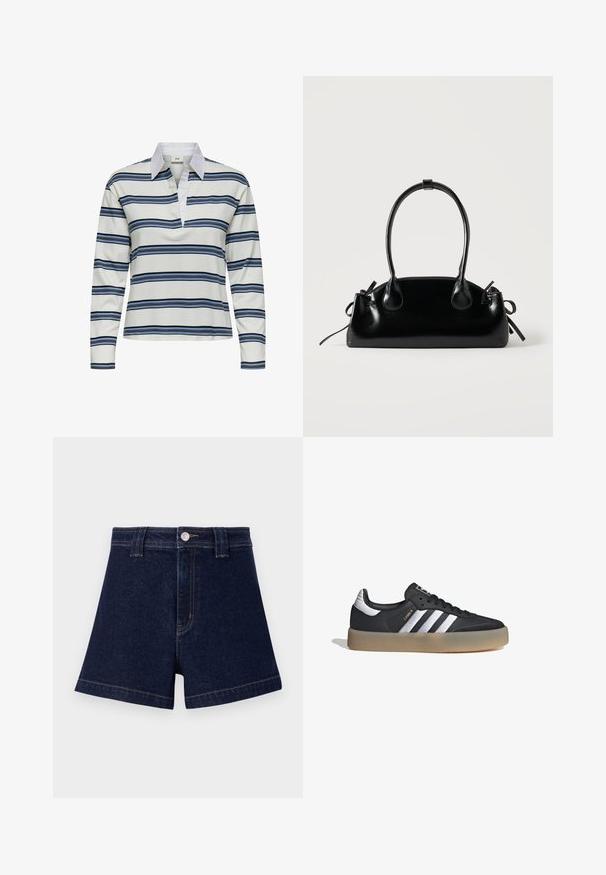 Polo de manga larga con base blanca y franjas horizontales en azul marino y azul claro. Destaca el cuello blanco y su textura suave de algodón.; Pantalones cortos de mezclilla azul oscuro con un corte clásico, diseño de cinco bolsillos y costuras amarillas en contraste, con cierre de botón metálico.; Zapatilla deportiva de cuero negro con tres rayas plateadas, punta texturizada y suela de goma. Cuenta con un collar acolchado y un diseño con cordones.; Pequeño bolso negro brillante con dos asas largas y detalles de cordón lateral sobre un fondo claro liso.