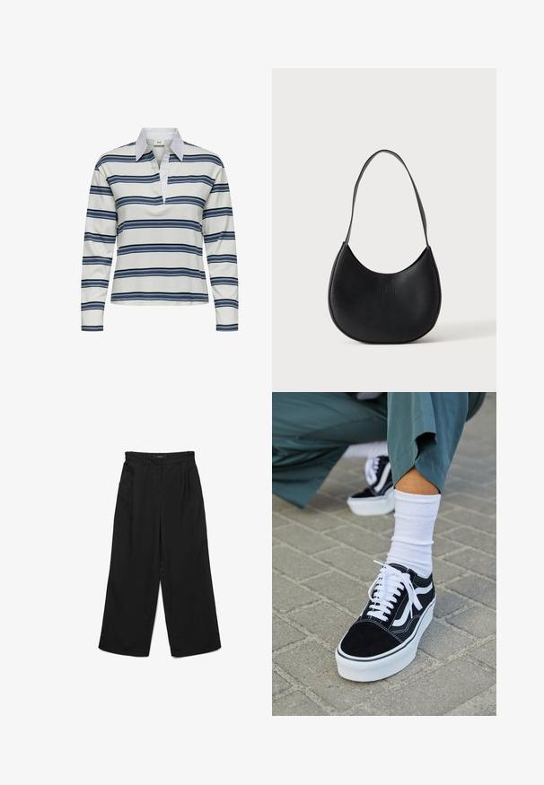 Polo de manga larga con base blanca y franjas horizontales en azul marino y azul claro. Destaca el cuello blanco y su textura suave de algodón.; Pantalones negros de pierna ancha con frente plano, dos pliegues y bolsillos laterales. Confeccionados en tela lisa con una cintura estructurada.; Zapatillas de ante negro con acentos y cordones blancos, que cuentan con una gruesa suela blanca y costuras en contraste, combinadas con un calcetín blanco.; Bolso de hombro negro de cuero en forma de media luna con una sola correa y el nombre de la marca en relieve sutil sobre un fondo liso y claro.