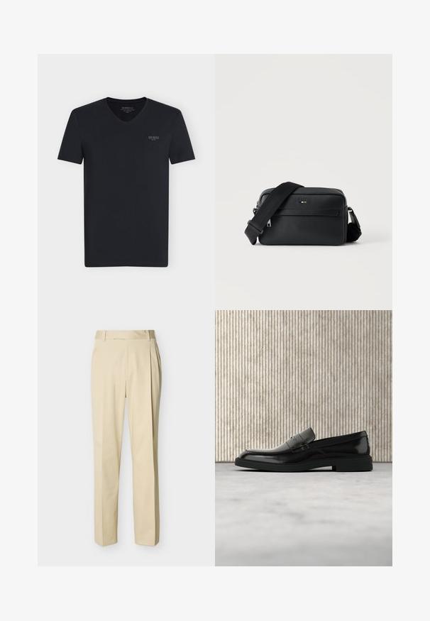 T-shirt noir à manches courtes avec col en V et petit logo "GUESS" sur le côté gauche de la poitrine, présenté à plat sur fond blanc.; Pantalon beige à jambe droite avec passants de ceinture et plis sur le devant, sur un fond uni clair.; Mocassin en cuir noir poli flottant au-dessus d'un tapis beige avec un mobilier translucide orange en arrière-plan.; Sac bandoulière en cuir noir texturé avec poche avant zippée et bandoulière large en tissu réglable sur fond blanc.