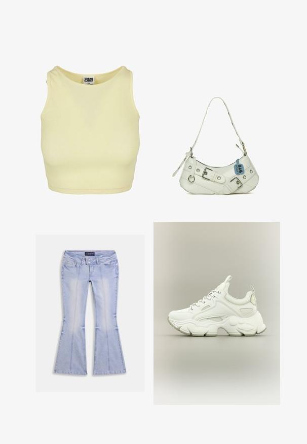 Crop top côtelé jaune clair avec un col rond et sans manches. Comprend une étiquette avec "URBAN CLASSICS" à l'intérieur du col.; Jean évasé bleu clair avec poches avant et arrière, fermeture à double bouton et coutures visibles sur toute la surface.; Baskets blanches épaisses avec semelle épaisse texturée, dessus en mesh et cuir, fermeture à lacets et languettes sur la languette et le talon.; Sac à main synthétique blanc avec une silhouette incurvée, une bandoulière réglable, une boucle décorative, du matériel en argent et une étiquette bleue attachée.