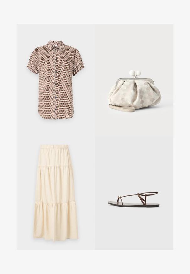 Chemise à manches courtes boutonnée avec un motif triangulaire géométrique marron, blanc et noir sur un fond neutre.; Jupe beige à volants avec une ceinture élastique et trois sections froncées créant une coupe fluide et ample.; Sandale en cuir marron avec des fines lanières, un accent circulaire doré et une semelle plate. Design minimaliste avec un détail de boucle réglable.; Petit sac pochette beige avec tissu texturé à pois, cadre argenté, fermoir rond blanc et bracelet de poignet amovible sur fond uni.