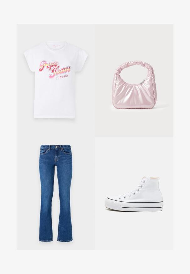 Camiseta de algodón blanca con mangas cortas enrolladas que presenta un estampado gráfico multicolor de "Pepe Jeans London" en tonos rosa y naranja.; Jeans de mezclilla acampanados en azul medio con una textura sutil. Presenta cinco bolsillos, una cremallera frontal y costuras en contraste a lo largo de las costuras.; Zapatillas altas blancas de material de lienzo, con suela de goma negra y una franja negra en el mediopie. Punta circular y diseño de cordones.; Bolso de mano acolchado en color rosa con un diseño redondeado, fabricado en material brillante. Presenta un asa fruncida y un cierre de cremallera para un acceso seguro.