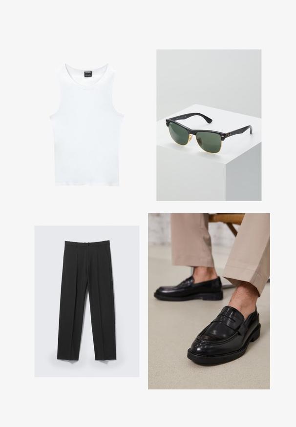 Hvid ærmeløs tanktop lavet af ribbet bomuld. Har en rund halsudskæring og en glat tekstur. Etiketten siger "PULL&BEAR."; Sorte skræddersyede bukser med forreste plisseringer, sidelommer, bæltestropper og knaplukning ved linningen på en lys baggrund.; Sorte lædermokkasiner med en glat overflade, der har en dekorativ rem og kontraststing, parret med beige bukser.; Ray-Ban solbriller med grønne linser, sorte plastikstel og gyldne detaljer ved kanterne. Firkantet form med mat finish.
