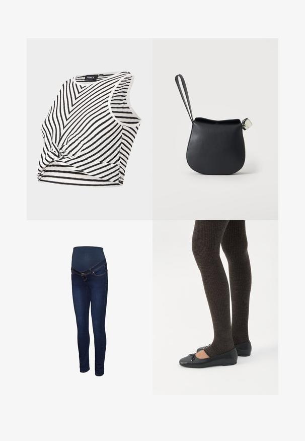 Haut de maternité rayé noir et blanc, sans manches avec un détail noué à l'avant, présente une texture côtelée et un col arrondi.; Jean de maternité bleu foncé avec un panneau extensible à la taille, coupe slim et style classique à cinq poches avec des surpiqûres contrastantes.; Jambes portant des leggings côtelés foncés associés à des ballerines noires avec de petits détails en nœud sur fond blanc.; Pochette en cuir noir pour poignet avec base arrondie et fermoir argenté sur fond blanc uni.