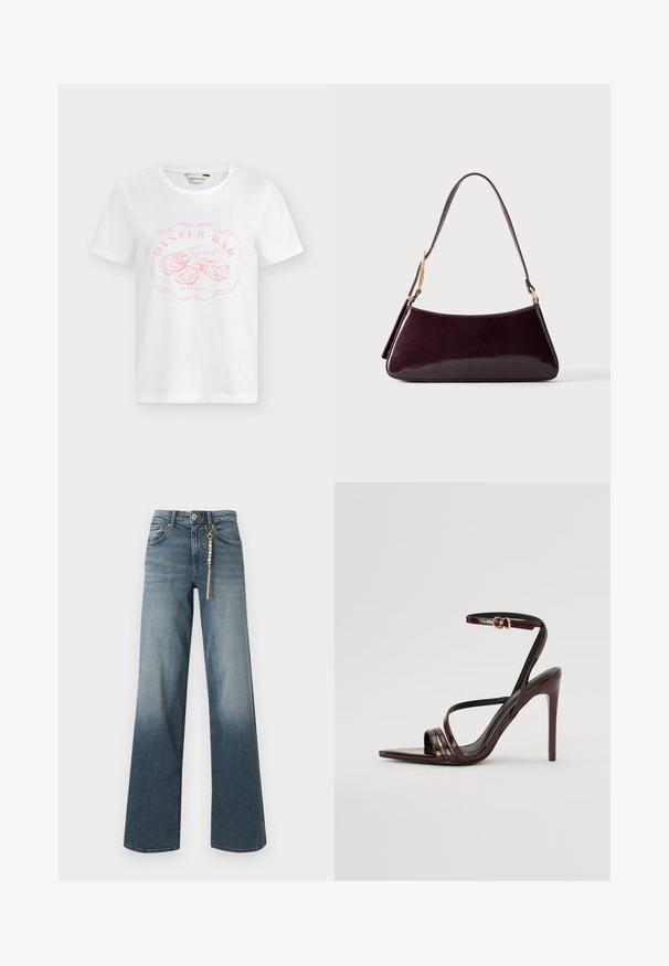 T-shirt blanc à manches courtes avec col rond, avec un texte rose clair "Oyster Bar" et des illustrations de coquilles d’huîtres sur le devant.; Jean droit en denim bleu avec un lavage délavé et une chaîne dorée ornée de perles suspendue à la boucle de ceinture avant.; Sandale à talons hauts en cuir verni bourgogne avec une bride de cheville, bout pointu et trois bandes horizontales sur le pied. Détail de boucle dorée.; Sac à main en cuir brun foncé brillant avec une bandoulière simple et des détails en métal doré sur un fond uni.