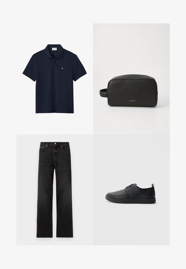 Marineblaues Poloshirt mit kurzen Ärmeln, Kragen und zwei Knöpfen, mit kleinem weißem "cK"-Logo auf der linken Brust.; Schwarze Jeans mit geraden Beinen, fünf Taschen, Gürtelschlaufen und Knopfverschluss, auf weißem Hintergrund dargestellt.; Schwarze Leder-Sneaker mit glatter Oberfläche, abgerundeter Zehenpartie, gleichfarbiger Nähte, schnürbarem Vorderteil und flacher Gummisohle. Schlaufe an der Ferse.; Schwarze Leder-Kulturbeutel mit strukturierter Oberfläche, runder Form und Seitengriff. Mit dem Calvin Klein-Logo auf der Vorderseite.