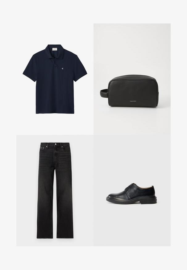 Marineblå kortærmet poloshirt med krave og to knapper, med en lille hvid "cK" logo på venstre bryst.; Sorte jeans med lige ben, fem-lomme design, bæltestropper og knaplukning, vist på en hvid baggrund.; Sorte læder oxford sko med rund tå, snørebånd foran og lav, stablet hæl på lys baggrund.; Sort læder toilettaske med tekstureret overflade, afrundet form og sidelomme. Har Calvin Klein-logoet på fronten.