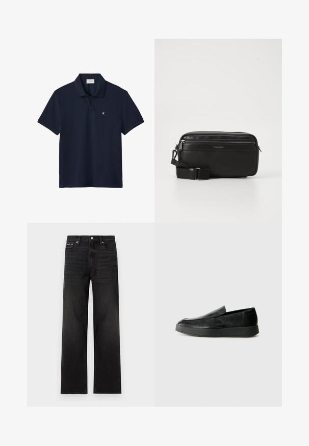 Marineblå kortærmet poloshirt med krave og to knapper, med en lille hvid "cK" logo på venstre bryst.; Sorte jeans med lige ben, fem-lomme design, bæltestropper og knaplukning, vist på en hvid baggrund.; Calvin Klein HYBRID CUP - Loafers - triple black; Sort læder crossover taske med en lynlåslomme, tekstureret overflade, justerbar rem og Calvin Klein-branding på forsiden.
