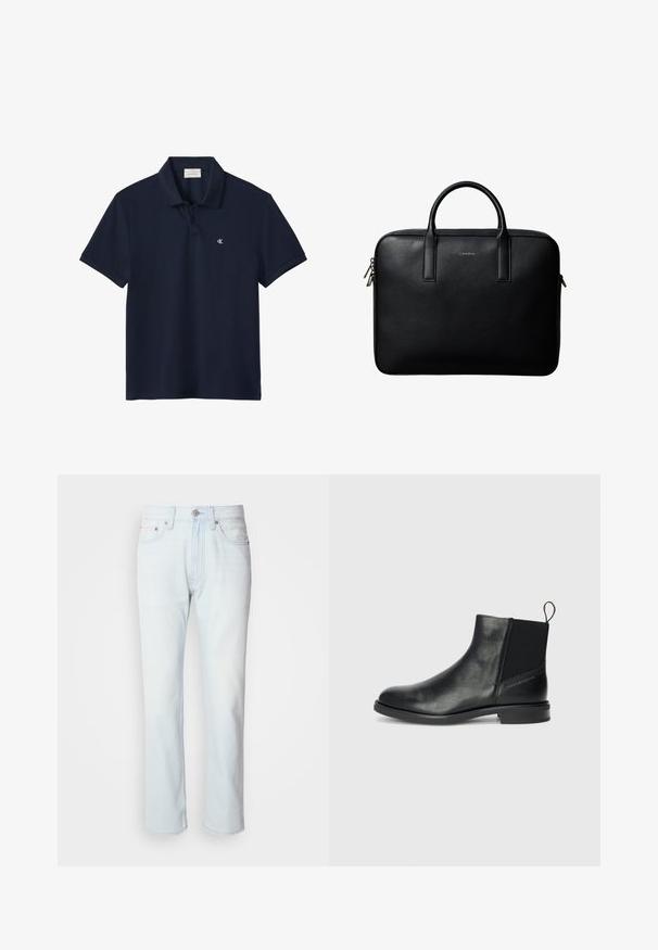 Marineblå kortærmet poloshirt med krave og to knapper, med en lille hvid "cK" logo på venstre bryst.; Lyseblå denimjeans med lige ben. Har en knaplukning og bæltestropper, viser en falmet tekstur og minimal syning.; Sorte læder ankelstøvler med elastiske sidepaneler, rund tå, lav blokhæl og en strop bagpå for nem påtagning.; Sort tekstureret lædermappe med dobbelte håndtag og sølv lynlås, centreret på hvid baggrund.