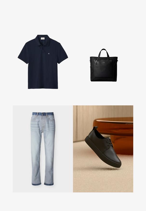 Μπλούζα πόλο σε ναυτικό μπλε με κοντά μανίκια, γιακά και δύο κουμπιά, με μικρό λευκό λογότυπο "cK" στο αριστερό στήθος.; Ανοιχτό μπλε τζιν παντελόνια με σκουρό μπλε μέση, σχεδιασμό με ίσιο πόδι, πέντε τσέπες και εμφανείς ραφές.; Μαύρο casual αθλητικό παπούτσι από δέρμα με κορδόνια, αιωρούμενο πάνω από μπεζ χαλί, με πορτοκαλί στρογγυλό γυάλινο τραπέζι στο φόντο.; Μαύρη τσάντα ώμου με διπλές χειρολαβές, μεγάλη μπροστινή δερμάτινη τσέπη με φερμουάρ και διακριτικό λογότυπο Calvin Klein στο κέντρο της τσέπης.