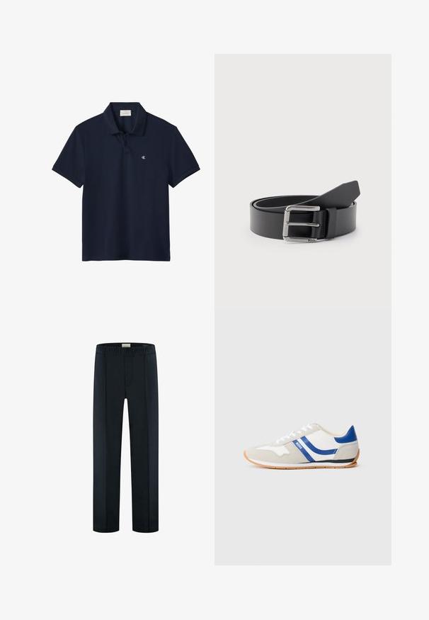 Marineblå kortærmet poloshirt med krave og to knapper, med en lille hvid "cK" logo på venstre bryst.; Sorte lige ben bukser med elastisk talje og frontlinjer, mærket "Dstrezzed" indeni taljen.; Sneakers med hvidt og gråt ruskindsoverdel, blå accenter, snørelukning og sål af gummi i brugt farve. Har et buet design og logodetalje.; Sort læderbælte snoet med sølvfarvet rektangulært metalspænde graveret med "BOSS" på en lysegrå baggrund.