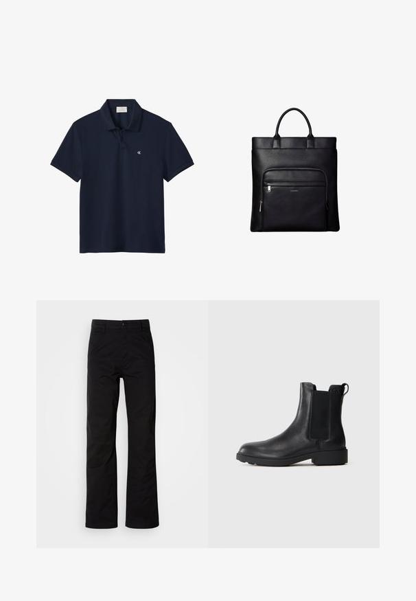 Marineblauw poloshirt met korte mouwen, kraag en twee knopen, met een klein wit "cK"-logo op de linkerborst.; Zwarte katoenen broek met een recht design, voorzien van een knoopsluiting en riemlussen. Gladde textuur en minimalistische stijl zonder zichtbare patronen.; Zwarte leren enkelboot met elastische zijpanelen, trekhaak op de hiel en een lage blokzool tegen een effen achtergrond.; Zwarte leren tote bag met bovenhandvatten en een voorvak met ritssluiting met een klein Calvin Klein-logo op het vak.