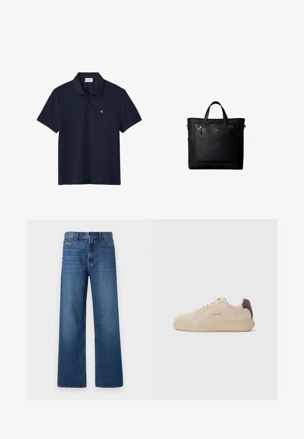 Marineblaues Poloshirt mit kurzen Ärmeln, Kragen und zwei Knöpfen, mit kleinem weißem "cK"-Logo auf der linken Brust.; Blaue, hoch taillierte Jeans mit geradem Bein, Frontknopf und Reißverschluss, fünf Taschen und einem kleinen Markenpatch auf der rechten Tasche.; Beige Wildleder-Sneaker mit runder Spitze, Schnürung vorne und einem braunen Wildlederakzent an der Ferse. Verfügt über eine strukturierte Gummisohle.; Schwarze Tragetasche mit Doppelgriffen, großer vorderer Ledertasche mit Reißverschluss und dezentem Calvin Klein-Logo in der Mitte der Tasche.