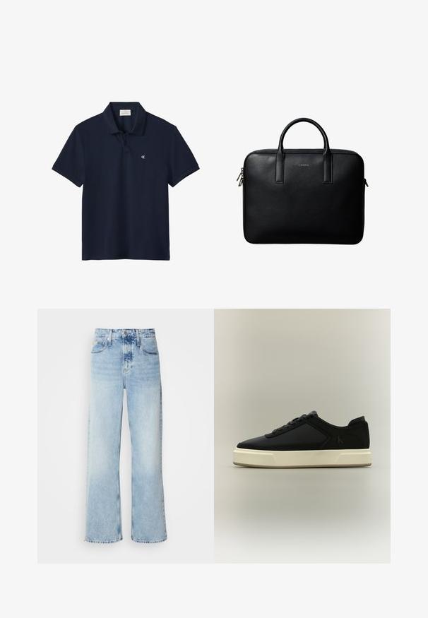 Marineblå kortærmet poloshirt med krave og to knapper, med en lille hvid "cK" logo på venstre bryst.; Lysblå vide jeans med høj talje, der har en falmet finish, bæltestropper og klassisk fem-lomme design. Kantene er rå.; Sort lavt snøresko med hvid tyk sål, snørret forside og diskret "cK"-logo på siden.; Sort tekstureret lædermappe med dobbelte håndtag og sølv lynlås, centreret på hvid baggrund.