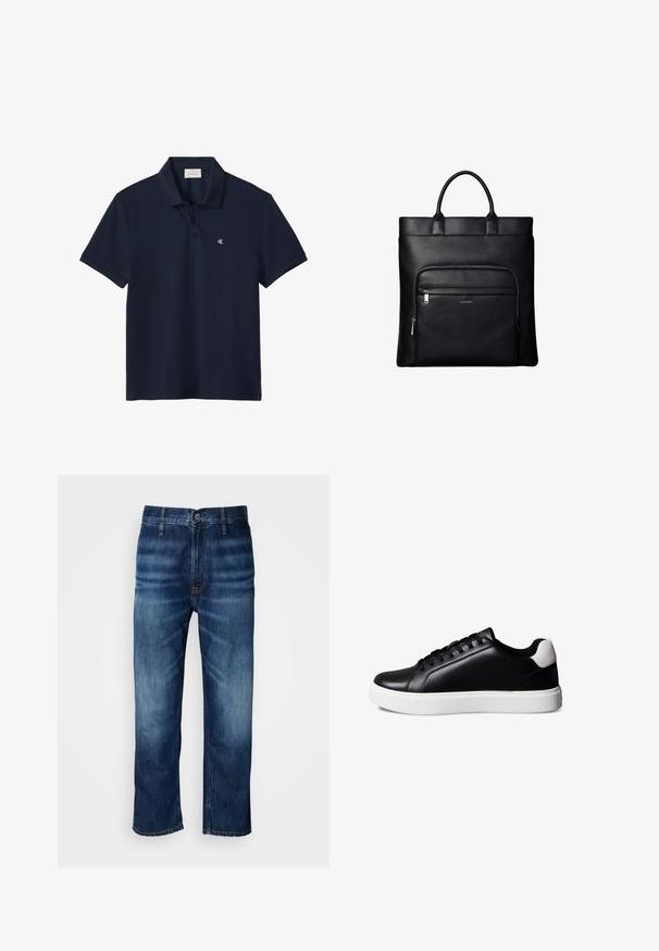 Marineblå kortærmet poloshirt med krave og to knapper, med en lille hvid "cK" logo på venstre bryst.; Mørkeblå lige ben denim jeans med diskret falmning på lårene og en knaplukning ved taljen, præsenteret på en hvid baggrund.; Sort læder sneaker med lavt snit, sorte snørebånd, hvid gummisål og hvid ruskindshæl, vist i sideprofil på hvid baggrund.; Sort læder tote taske med top håndtag og en front lynlåslomme med et lille Calvin Klein-logo på lommen.