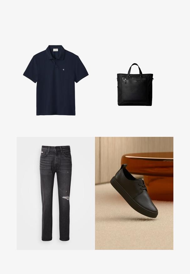 Polo de manga corta azul marino con cuello y dos botones, con un pequeño logo blanco de "cK" en el pecho izquierdo.; Jeans de mezclilla negra con un diseño de pierna recta, detalles desgastados en la rodilla, estilo de cinco bolsillos y un sutil acabado deslavado.; Zapatilla casual negra de cuero con cordones, flotando sobre una alfombra beige, con una mesa de cristal ámbar redondeada en el fondo.; Bolsa tote negra con asas dobles, gran bolsillo delantero de cuero con cremallera y sutil logo de Calvin Klein en el centro del bolsillo.