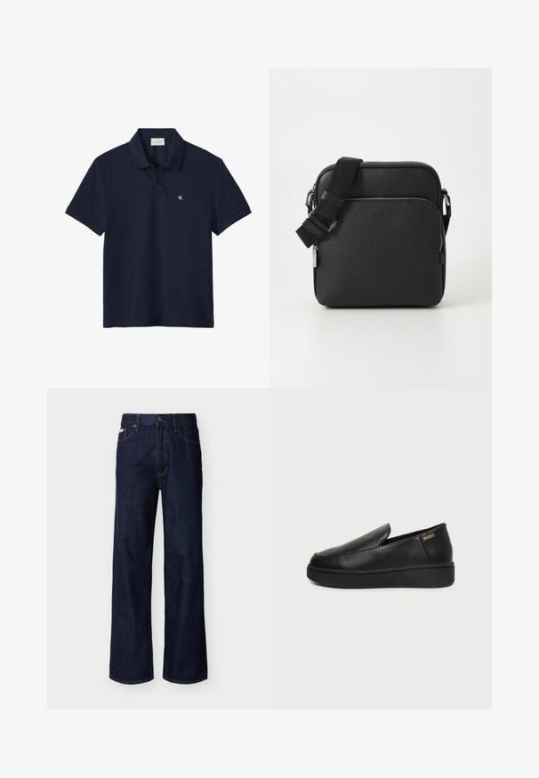Marineblå kortærmet poloshirt med krave og to knapper, med en lille hvid "cK" logo på venstre bryst.; Mørkeblå, straight-leg denimjeans med fem-lommes design og knaplukning, vist på en ensfarvet lys baggrund.; Sort læder slip-on sko med tyk sål og små sideventilationshuller, med gulddetalje "HUGO" logo nær hælen.; Sorth læder crossover taske med en tekstureret overflade, der har en frontlomme med lynlås, justerbar strop og metal hardware detaljer.