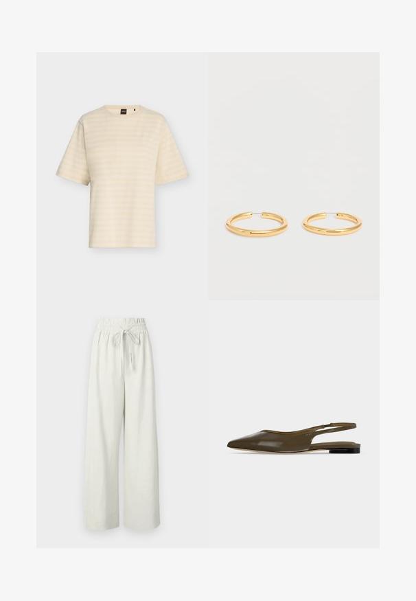 T-shirt beige à manches courtes avec de fines rayures blanches horizontales et un petit logo brodé sur la poitrine gauche.; Pantalon blanc taille haute à jambes larges avec taille élastique et cordon, en tissu léger.; Chaussure plate à bout pointu vert olive avec bride arrière, talon noir bas et finition lisse et brillante.; Paire de boucles d'oreilles créoles en or poli de taille moyenne avec des fermoirs en fil fin sur fond blanc uni.
