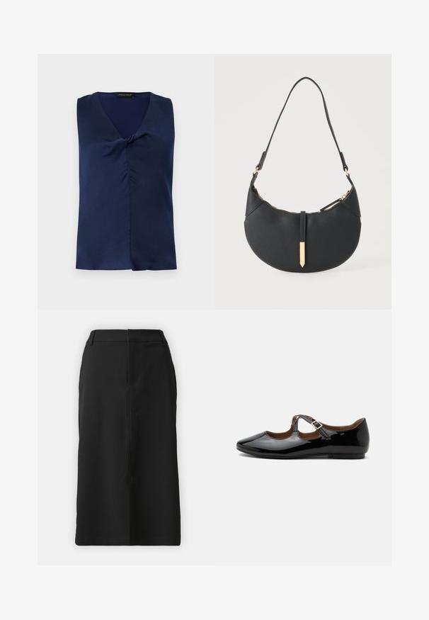 Blouse bleu marine sans manches avec col en V et détail subtil de torsion à l'avant, pliée soigneusement sur un fond clair uni.; Jupe crayon noire longueur genou avec une coupe ajustée, poches avant et texture lisse. Dotée d'une fermeture éclair à l'arrière.; Chaussure plate Mary Jane en cuir verni noir avec deux découpes et une bride à boucle dorée sur fond blanc.; Sac à main noir en forme de croissant avec une bandoulière unique, une fermeture éclair dorée et une languette décorative rectangulaire dorée à l'avant.