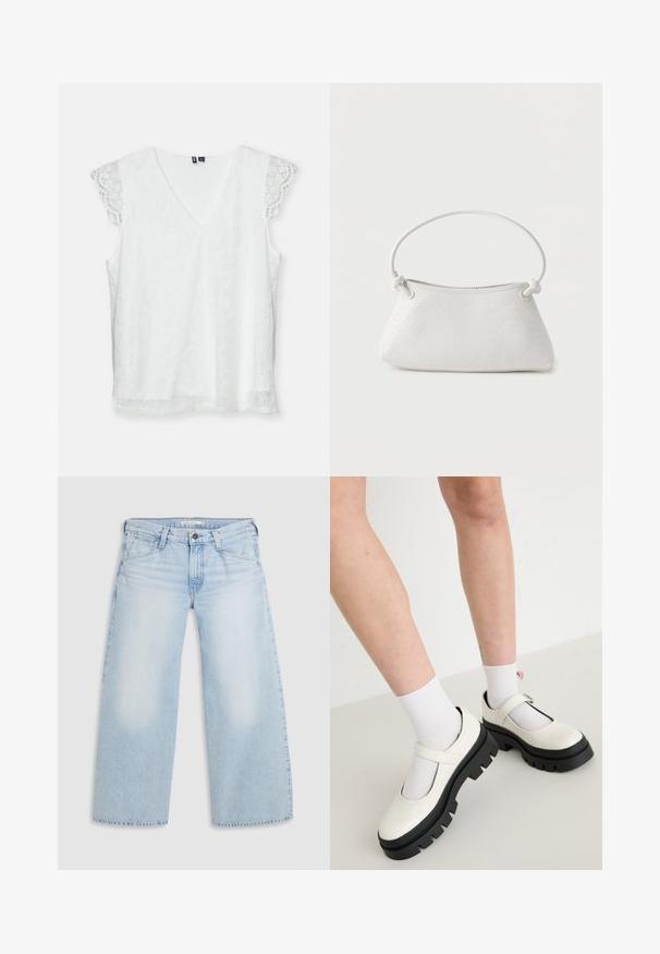 Witte mouwloze top met een V-hals, van gemusterde kantstof en delicate golvende kantmouwen. Beschikt over een ontspannen pasvorm en een gladde textuur.; Lichtblauwe wijde jeans gemaakt van denim. Kenmerken zijn een rechte snit, een vijfzakkenontwerp en een knoopsluiting aan de taille.; Witte patenten leren Mary Jane schoenen met een stevige zwarte zool, met een band over de wreef en gedragen met witte sokken.; Witte handtas van gevlochten leer met een afgeronde handgreep en uiteinden van de band die geknoopt zijn, afgebeeld tegen een effen achtergrond.