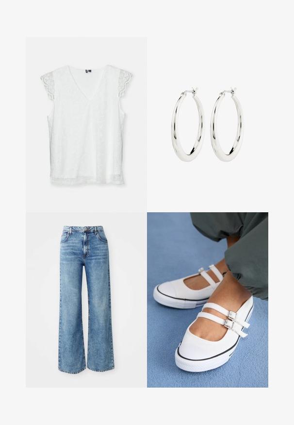 Top sin mangas blanco con escote en V, confeccionado en un tejido de encaje estampado y delicadas mangas de encaje con puntilla. Presenta un corte relajado y una textura suave.; Jeans de mezclilla anchos de color azul claro con cintura alta, que cuentan con cinco bolsillos, cierre de botón en la parte superior y costuras en contraste a lo largo de las costuras.; Zapatillas de lona blancas con dos correas ajustables, puntera negra y suela de goma texturizada. Se llevan con pantalones verdes holgados sobre una superficie azul.; Pendientes de aro de plata con un acabado suave y brillante. Forma circular, con un cierre seguro. Diseño sencillo y elegante.