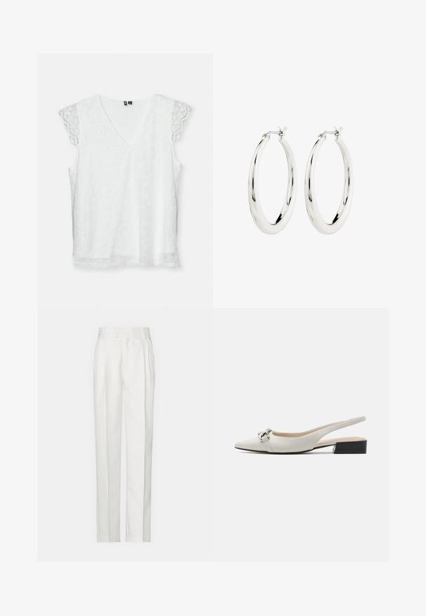 Top sin mangas blanco con escote en V, confeccionado en un tejido de encaje estampado y delicadas mangas de encaje con puntilla. Presenta un corte relajado y una textura suave.; Pantalones blancos a rayas con un diseño de pierna recta, hechos de una tela ligera. Presenta pliegues en la parte delantera y una cinturilla tradicional.; Zapato slingback de cuero blanco con punta afilada, detalle de hebilla plateada y bajo tacón negro. Textura suave y diseño minimalista.; Pendientes de aro de plata con un acabado suave y brillante. Forma circular, con un cierre seguro. Diseño sencillo y elegante.