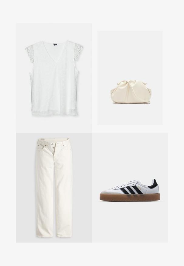 Witte mouwloze top met een V-hals, van gemusterde kantstof en delicate golvende kantmouwen. Beschikt over een ontspannen pasvorm en een gladde textuur.; Witte rechte jeans met hoge taille, knoopsluiting, voor- en achterzakken, en zichtbare koperen klinknagels op de hoeken van de zakken.; Witte leren sneakers met zwarte strepen, gumrubberen buitenzool, ronde neus, vetersluiting en een zachte grijze suède neuskap.; Zachte, crèmekleurige leren clutch met geplooid, gerimpeld ontwerp en een dunne schouderriem die vooraan op een effen achtergrond ligt.