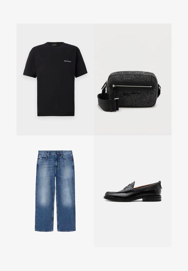 Schwarzes Kurzarm-Crewneck-T-Shirt mit kleinem weißen "BELSTAFF"-Logo auf der linken Brust vor einem schlichten Hintergrund.; Hellblaue, ausgewaschene Straight-Leg-Denim-Jeans mit fünf Taschen und Knopfverschluss, flach auf weißem Hintergrund dargestellt.; Schwarzer Leder-Herrenschuh mit Mokassinnaht, Penny-Riemen, strukturiertem Kragen und niedrigem gestapeltem Absatz auf weißem Hintergrund.; Grau gefilzter Umhängetasche mit einer vorderen Reißverschlusstasche, schwarzem Logo und verstellbarem Tragegurt. Sie hat eine strukturierte rechteckige Form und glatte, metallicfarbene Hardware.