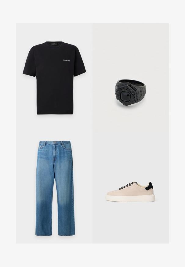 Zwarte T-shirt met korte mouwen en ronde hals, met een klein wit "BELSTAFF" logo op de linkerborst tegen een effen achtergrond.; Lichtblauwe jeans met een wijde pijp van denim. Voorzien van een taille met normale hoogte, een ontwerp met vijf zakken en een vervaagde wassing met zichtbare stiksels.; Beige suède sneaker met zwarte accenten, ronde neus, zwarte veters en een contrasterende witte rubberen zool. Minimalistisch ontwerp, gladde textuur.; Zwarte ring met een hexagonaal ontwerp, met een centraal zwarte edelsteen en getextureerde details langs de band. Subtiele verhoogde accenten door het hele ontwerp.