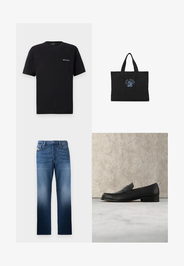 Schwarzes Kurzarm-Crewneck-T-Shirt mit kleinem weißen "BELSTAFF"-Logo auf der linken Brust vor einem schlichten Hintergrund.; Dunkelblaue Jeans aus Denim mit geradem Bein und einem ausgewaschenen Effekt. Enthält einen Frontknopfverschluss und Taschen.; Schwarzer Leder-Slipper schwebt über einem beigen Teppich, im Hintergrund ein glänzender, runder brauner Tisch.; Schwarze Tragetasche mit zwei Griffen und blauem Text "Les Deux" über einem blauen Grafikdesign in der vorderen Mitte.
