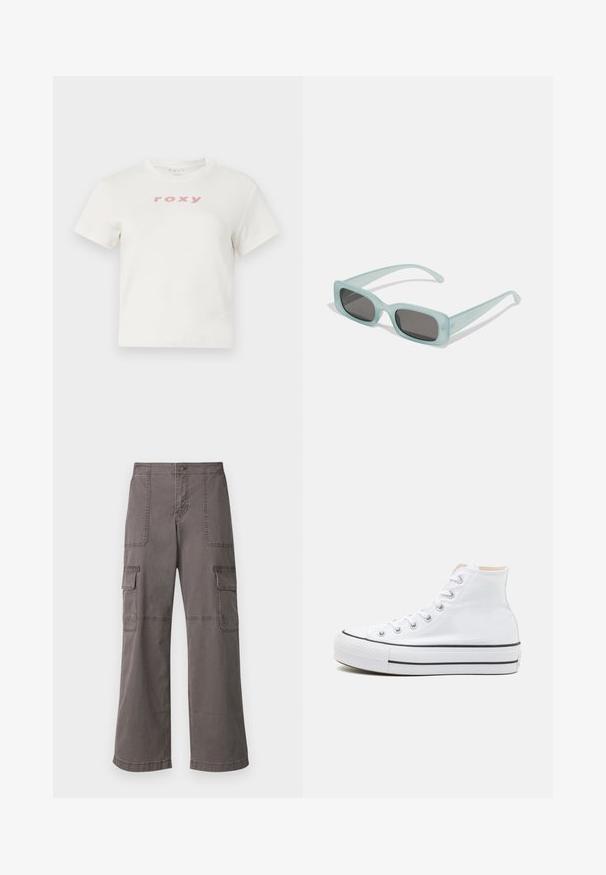 T-shirt en coton blanc à manches courtes et col rond, avec le logo rose "roxy" imprimé sur le devant. Design à coupe régulière.; Pantalons cargo gris en coton avec un design à jambes larges, dotés de deux poches avant, de deux poches latérales et de détails de couture visibles.; Baskets montantes blanches en toile, semelle en caoutchouc noir et bande noire contrastante sur la semelle intermédiaire. Bout rond et design à lacets.; Une paire de lunettes de soleil rectangulaires avec des montures translucides bleu clair et des verres gris foncé, présentant des branches droites et des détails matériels minimaux.