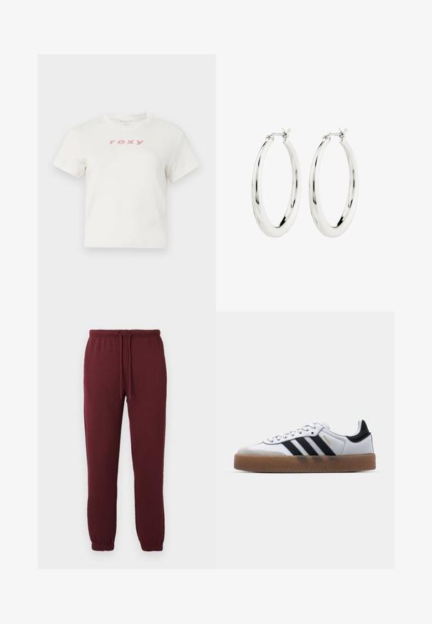 Witte katoenen t-shirt met korte mouwen en een ronde hals, met een roze logo "roxy" gedrukt op de voorkant. Regular fit ontwerp.; Bordeaux joggerbroeken met elastische tailleband, trekkoord, zijzakken en elastische boorden op een effen witte achtergrond.; Witte leren sneakers met zwarte strepen, gumrubberen buitenzool, ronde neus, vetersluiting en een zachte grijze suède neuskap.; Zilveren oorbellen in de vorm van een gladde, glanzende ring. Circulaire vorm, voorzien van een veilige sluiting. Eenvoudig en elegant ontwerp.
