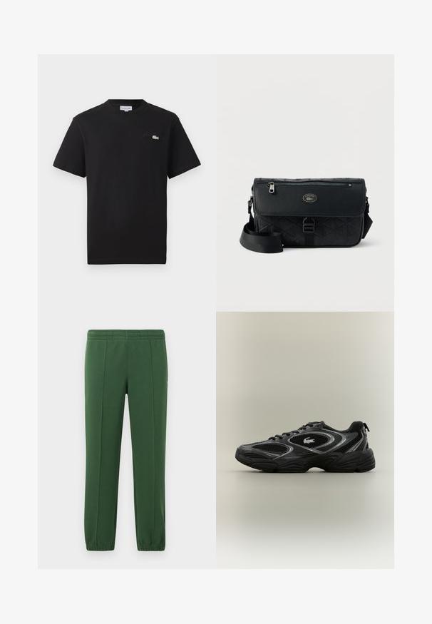 Must have mustriba T-särk, millel on ümmargune kaelus. Rinnal on väike rohelise ja valge värvi tikitud Lacoste logo. Lühikesed varrukad, tavaline istuvus.; Rohelised dressipüksid pehmest kangast; omaduseks on elastne vöökoht, kitsenevad jalad ja väikene logo külje peal.; Mustade ja hallide sportlike sneakersiteeritud võrkpaneelidega, sidumisega disain, paks tallaosa ja väike krokodillilogo küljes.; Must messenger-kott geomeetrilise tekstuuriga, sileda nahast klapiga, hõbedaste metalldetailide ja reguleeritava rihmaga; sisaldab tõmblukuga taskut.