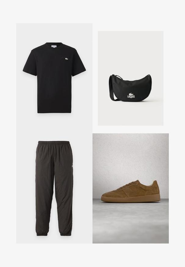 Camiseta de algodón negra con cuello redondo. Presenta un pequeño logo de Lacoste bordado en verde y blanco en el pecho. Mangas cortas, corte regular.; Pantalones negros, ligeros y elásticos con un ajuste holgado. Presentan puños elásticos y un logo sutil en el lado. Textura suave.; Zapatilla deportiva de ante marrón con cordones color beige y suela de goma. Presenta una puntera redondeada y detalles cosidos en la parte superior. Diseño ligero.; Bolso de hombro Lacoste negro con forma curva, correa ajustable y logo de cocodrilo blanco en relieve sobre el nombre de la marca en la parte delantera.