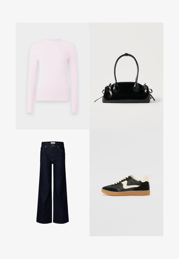 Pink langærmet top i ribbet текстur, med en flæsekrave og et tætsiddende design med frynset kantdetalje.; Mørkeblå bredbenede denimjeans med frontknap og lynlås, bæltestropper og frontlommer, vist på en hvid baggrund.; Sorte ruskinds- og lædersneakers med en cremefarvet side-swoosh og lys cremefarvet hæl. Har beige snørebånd og en gummirubber-sål.; Lille sort blank håndtaske med to lange håndtag og snøre-detaljer i siden på en ensfarvet lys baggrund.