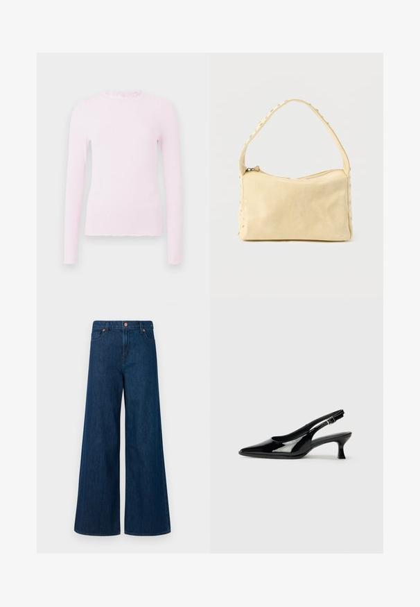Haut à manches longues rose en texture côtelée, présentant un col volanté et un design ajusté avec des détails d'ourlet effiloché.; Jeans en denim bleu à jambe large avec fermeture à bouton sur le devant, passants de ceinture et design à cinq poches sur un fond blanc.; Escarpins en cuir verni noir avec un bout pointu et un petit talon carré. Sangle réglable à la cheville avec boucle.; Petit sac à main en cuir beige avec une seule bandoulière et des clous argentés le long des bords et de la bandoulière, posé sur un fond uni.