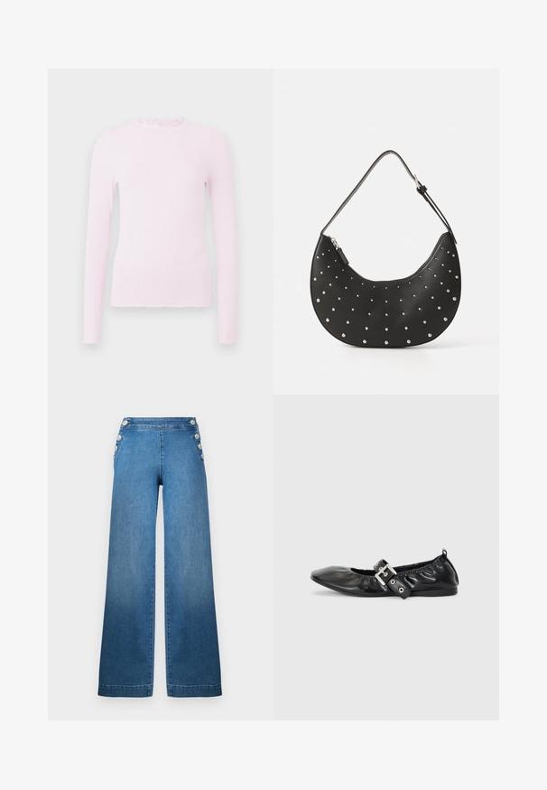 Top de manga larga rosa en textura acanalada, con un cuello con volantes y un diseño ajustado con un detalle de dobladillo deshilachado.; Pantalones de mezclilla azul de pernera ancha con cintura alta, acentos laterales abotonados y bajo recto. La tela tiene una textura suave con ligero desgaste.; Zapato plano de piel negra con puntera afilada, detalle fruncido alrededor de la abertura y un acento de hebilla plateada en la correa ajustable.; Bolso de mano de cuero negro con forma curva, adornado con tachuelas plateadas, cuenta con cierre de cremallera y una sola correa ajustable.