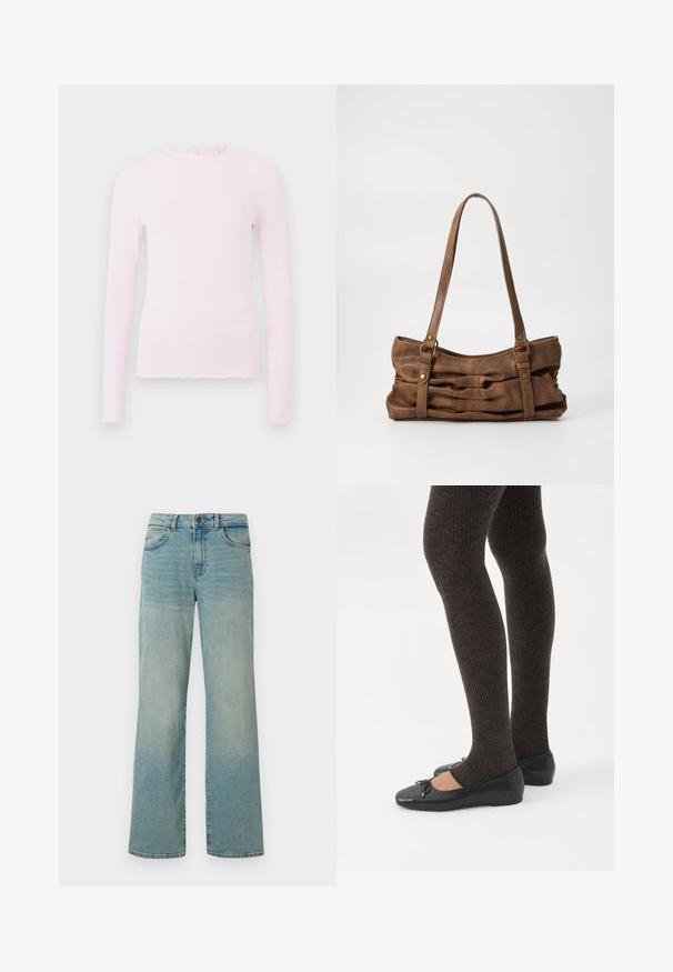 Pink langærmet top i ribbet текстur, med en flæsekrave og et tætsiddende design med frynset kantdetalje.; Lyseblå denimjeans med høj talje, brede ben og klassisk fem-lomme design. Har subtil falming og knaplukning.; Ben iført mørke ribbede leggings kombineret med sorte balletsko med små sløjfedetaljer på hvid baggrund.; Even&Odd Håndtasker - brown