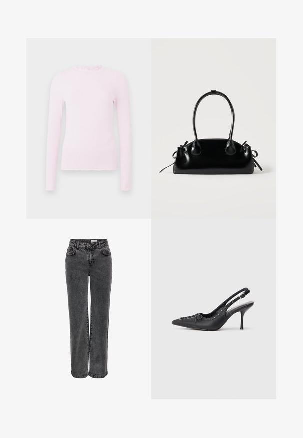 Haut à manches longues rose en texture côtelée, présentant un col volanté et un design ajusté avec des détails d'ourlet effiloché.; Jeans en denim noir au design droit, avec poches avant, passants de ceinture et une texture légèrement délavée.; Escarpin en cuir noir à talon aiguille avec un bout pointu, une bride latérale à boucle, des clous le long du bord et un laçage décoratif à l'avant.; Petit sac à main noir brillant avec deux longues anses et des détails à cordon sur les côtés sur un fond clair uni.