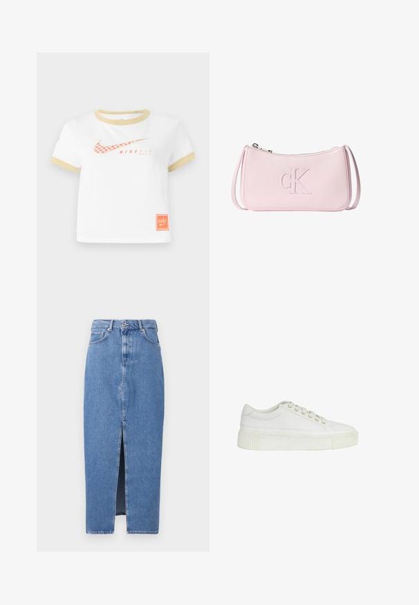 Valge T-särk kuldsete äärtega, millel on punane ruuduline Nike swooshi logo, teks "NIKE AIR" ning väike oranž Nike silt alläärs.; Heledad sinine denimpikkseelik, millel on ees lõhe, klassikaline viie taskuga disain ja ülemine nupuga sulgemine. Kangas on kergelt tekstureeritud.; Valge madala säärega toss paksu tallaga, ees paeltega ja peenete õmblusedetailidega, valgel ühevärvilisel taustal.; Heleroosa nahast randmekott lukuga ja esiküljel keskel reljeefne suur "cK" logo.