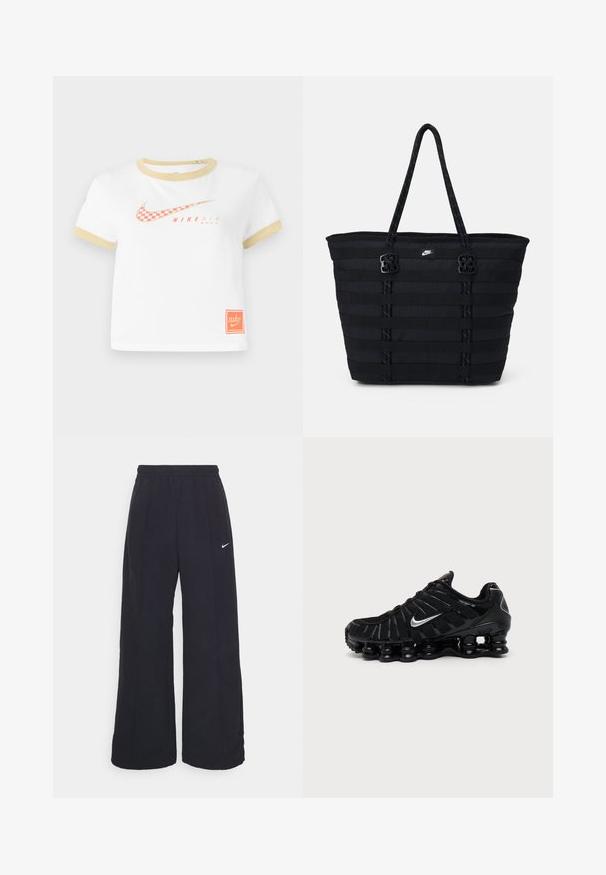Camiseta blanca con ribetes dorados, que presenta un logotipo de swoosh de Nike en cuadros rojos, el texto "NIKE AIR" y una pequeña etiqueta naranja de Nike en el dobladillo.; Pantalones de pierna ancha negros con una cintura elástica y un pequeño logo blanco de Nike. La tela tiene una textura suave, diseñada para la comodidad y el uso casual.; Zapatilla deportiva negra Nike con logo Swoosh plateado, parte superior de malla y material sintético, y suela acolchada segmentada distintiva.; Bolso tote de nailon negro con diseño de cintas horizontales, asas dobles y dos acentos decorativos de hardware. Pequeño logotipo en la parte frontal.