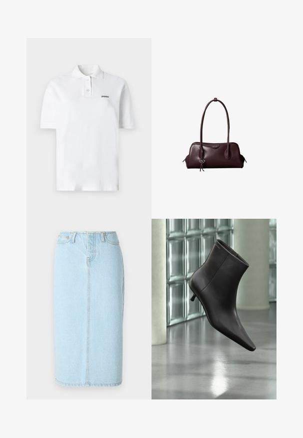 Witte poloshirt van katoen, met een klassieke kraag, drie knopen en een klein zwart logo op de linkerborst. Korte mouwen.; Lichtblauwe denim kokerrok met een hoge taille, vijf-pocket ontwerp en subtiele stiksels langs de naden.; Zwarte leren enkellaars met puntige neus en lage hak, afgebeeld tegen een glazen blokkenmuur en gepolijste vloer op de achtergrond.; Donkerbruine leren Calvin Klein handtas met lange dubbele handvatten en een kleine logo-sierhanger die aan één handvat hangt.