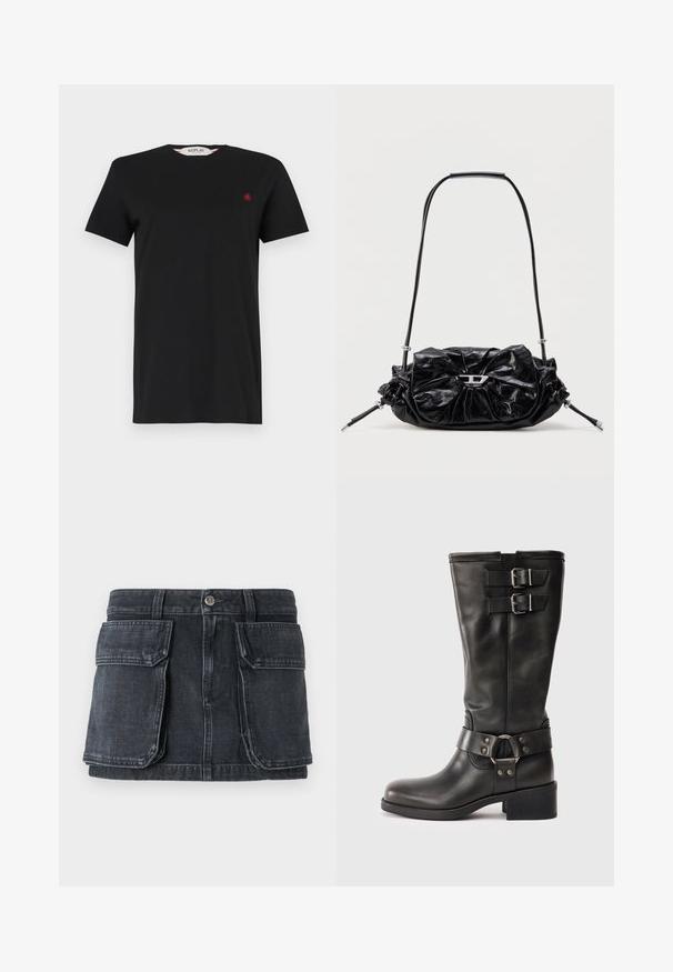 T-shirt noir à manches courtes en tissu lisse, avec un col rond et un petit logo rouge sur la poitrine. Design simple et classique.; Jupe en denim noir avec une taille ajustée, fermeture à boutons, deux grandes poches avant et des détails de coutures contrastantes.; Boot en cuir noir mi-mollet avec deux boucles en argent près du haut et une sangle décorative avec un anneau en métal autour de la cheville, talon carré.; Sac à main en cuir noir avec un design froncé et un détail en forme de nœud sur le devant. Dispose d'une poignée courte et d'accents de quincaillerie argentée.