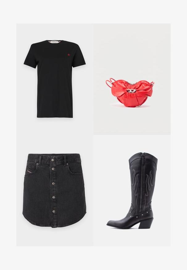 T-shirt noir à manches courtes en tissu lisse, avec un col rond et un petit logo rouge sur la poitrine. Design simple et classique.; Jupe en denim noire, courte, avec des boutons métalliques à l'avant, deux poches avant, passants de ceinture et ourlet arrondi.; Bottes de cow-boy en cuir noir avec bout pointu, coutures apparentes, ornements à clous argentés et fermeture éclair sur le côté intérieur.; Sac à main en cuir rouge en forme de cœur, design froncé, fermeture éclair argentée et grand logo métallique en avant.