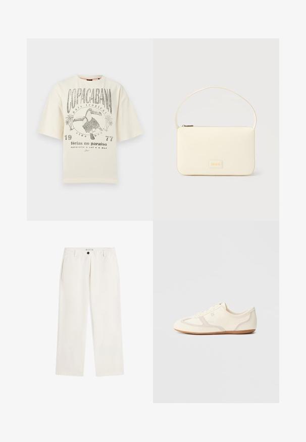 T-shirt blanc cassé avec le texte "COPACABANA", deux toucans, des palmiers et des phrases en portugais sur les vacances et la vie tropicale.; Pantalon blanc à jambes droites avec passants de ceinture, poches latérales et fermeture par bouton noir à la taille, présenté sur fond blanc.; Baskets couleur crème avec une tige en daim et tissu, un bout arrondi, et une semelle en caoutchouc avec un détail accent beige. Fermeture à lacets.; Sac à main rectangulaire de couleur crème avec une seule sangle et une fermeture éclair sur le dessus, comportant une petite plaque de logo embossé à l'avant.