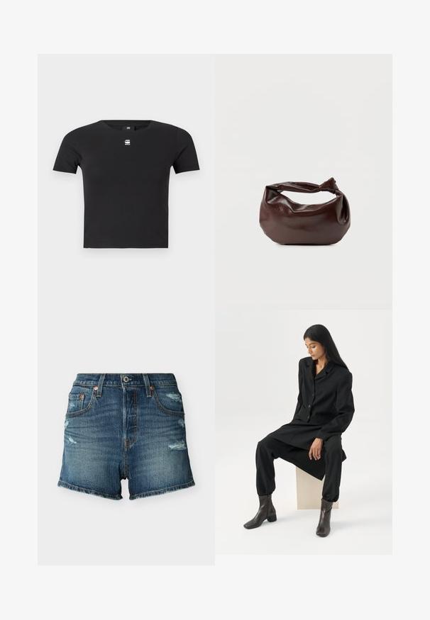 Zwarte katoen t-shirt met een ontwerp met korte mouwen, heeft een ronde halslijn en een klein wit logo op de borst. Harlow zachte textuur.; Blauwe denim shorts met versleten details, knopen aan de voorkant, lussen voor een riem en zakken aan de voor- en achterkant.; Vrouw met lang donker haar zittend, draag een losse zwarte blazer, bijpassende wijde broek en donkere enkellaarsjes tegen een effen witte achtergrond.; Donkerbruine leren schoudertas met een zachte, slungelige vorm en een gedraaide knoopvormige handgreep op een effen witte achtergrond.