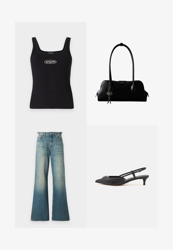 Zwarte geribbelde tanktop met een vierkante halslijn en geborduurd "guess jeans" logo in het wit. Slanke pasvorm en een gladde textuur.; Good American GOOD EASE ADJUSTABLE TABS - Wide leg - indigo; Zwarte slingback schoenen met een puntige neus, gemaakt van glad materiaal, met een kleine hak en een decoratieve zilverkleurige accent op de wreef.; Zwarte leren Calvin Klein handtas met lange hengsels, een logo-label aan de voorkant en een zilverkleurige geometrische hanger die aan één hengsel hangt.